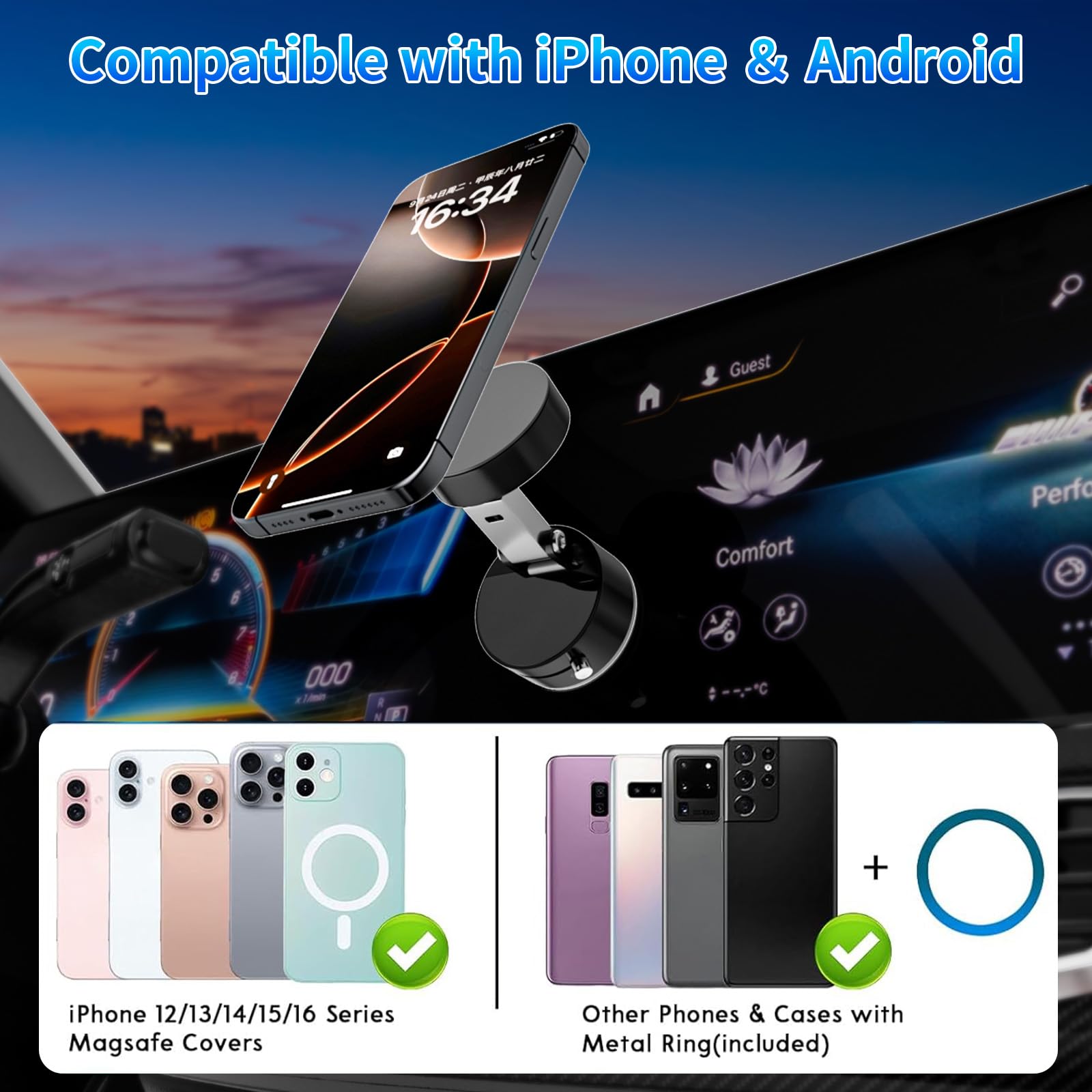 Vacuum Magnetic Suction Phone Holder, Car Suction Cup Phone Mount Stand, Foldable & Retractable Magnetic Holder For Car/Gym/Mirr